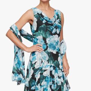Alex Evenings Blue Floral Cowl Neck Dress